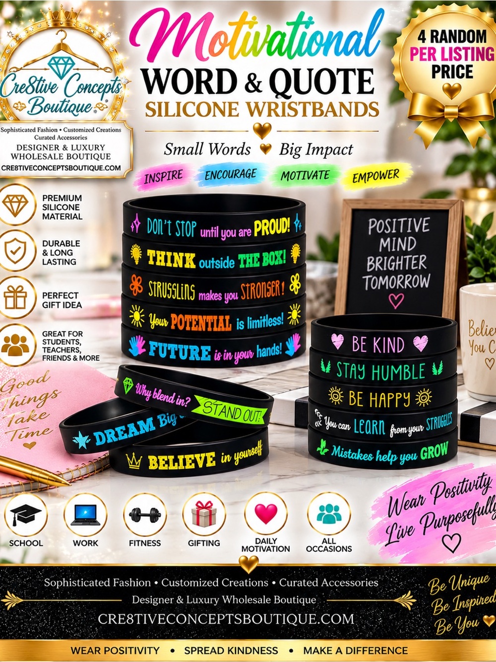 Motivational Silicone Wristbands Positive Quote Bracelets –4pkg